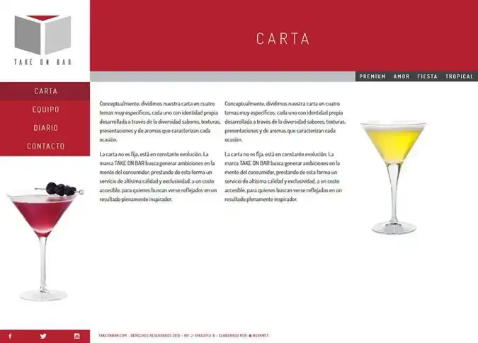 Diseño de vista carta para sitio web Take on Bar.