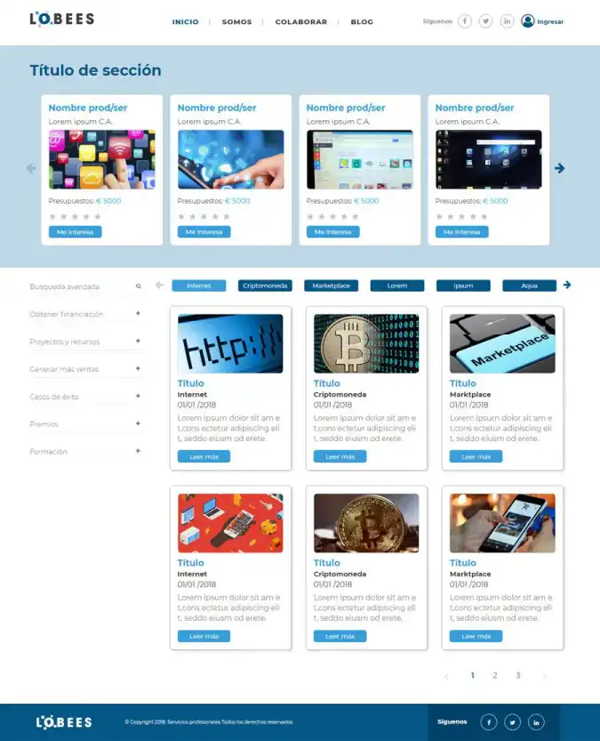 Diseño de landing page con template de resultados de búsqueda.