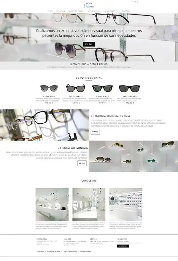 Página de inicio de sitio web e-commerce de óptica.